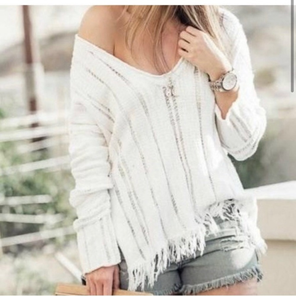 Free People Ocean Drive V-neck fringe Ivory Sweater